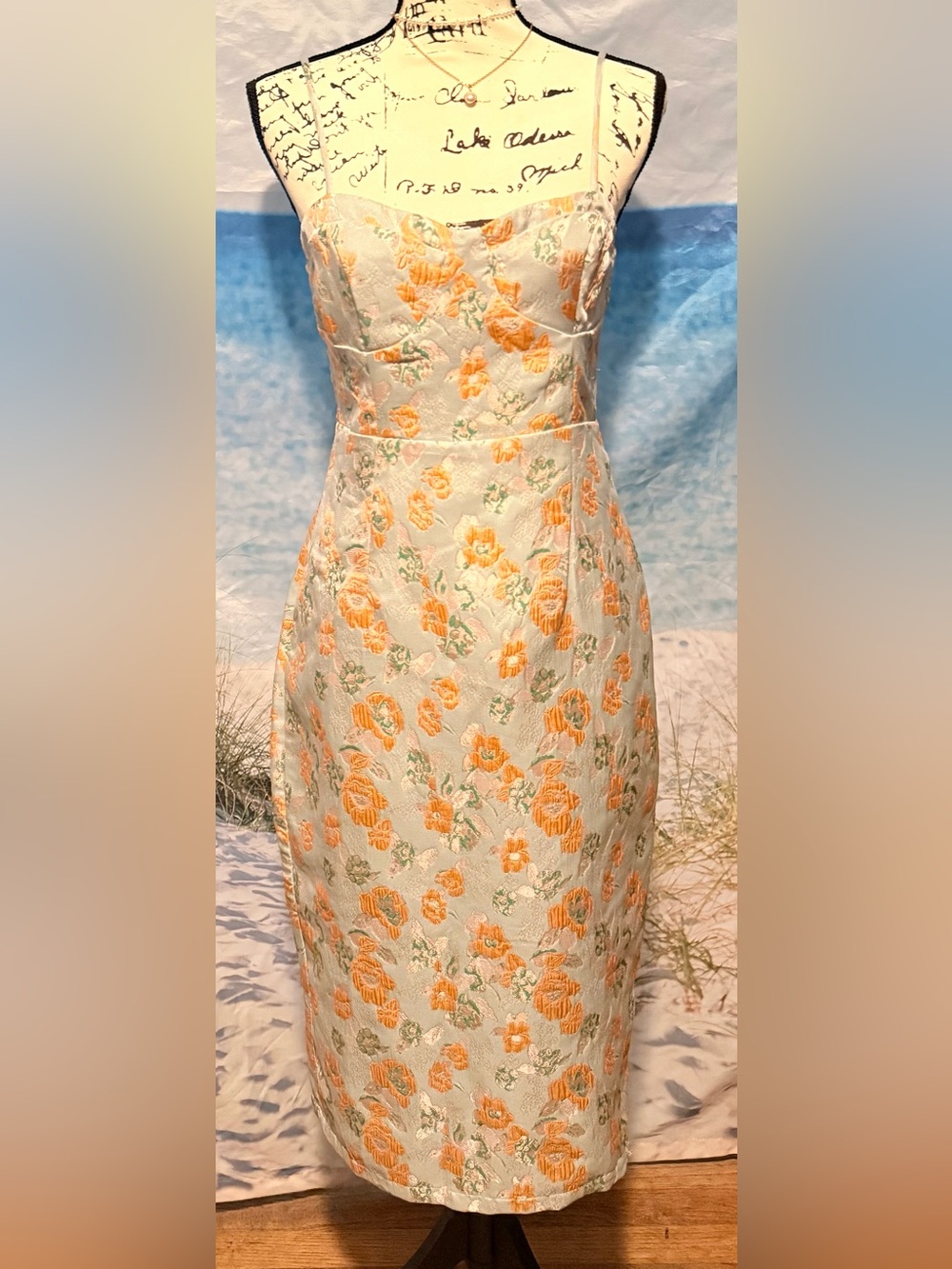 Lulu's Mint Brocade Midi Dress with Orange Floral Embroidery